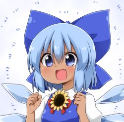 Rule 34 | &gt;:d, 1girl, :d, blue bow, blue dress, blue eyes, blue hair, blush, bow, cirno, clenched hands, collared shirt, commentary request, dark-skinned female, dark skin, detached wings, dress, emphasis lines, eyes visible through hair, fang, flower, grey background, hair between eyes, hair bow, hidden star in four seasons, ice, ice wings, large bow, open mouth, pinafore dress, puffy short sleeves, puffy sleeves, red ribbon, ribbon, shirt, short hair, short sleeves, simple background, sleeveless dress, smile, solo, sunflower, suwa yasai, tan, tanned cirno, tareme, touhou, upper body, v-shaped eyebrows, white shirt, wing collar, wings
