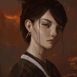 Rule 34 | 1girl, asian, bad id, bad instagram id, black hair, brown eyes, closed mouth, cloud, commentary, earrings, hair strand, hair up, japanese clothes, jewelry, kimono, lips, looking at viewer, original, realistic, red background, red sky, ringlets, signature, sky, solo, upper body, zulh00n