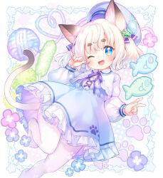 Rule 34 | 1girl, ;d, animal ear fluff, animal ears, beret, blue dress, blue eyes, blue hat, blush, button eyes, buttons, cat ears, cat girl, cat tail, cat teaser, commentary request, cropped jacket, cross-shaped pupils, dress, fang, fish, frilled dress, frills, hat, highres, jacket, kito (sorahate), long sleeves, looking at viewer, no shoes, one eye closed, open mouth, original, pantyhose, puffy long sleeves, puffy sleeves, short eyebrows, smile, solo, symbol-shaped pupils, tail, thick eyebrows, two side up, white hair, white jacket, white pantyhose, yarn, yarn ball