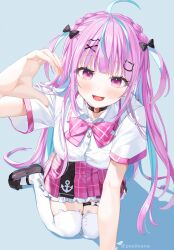 Rule 34 | 1girl, bow, bowtie, braid, french braid, highres, hololive, long hair, looking at viewer, minato aqua, multicolored hair, open mouth, purple bow, purple bowtie, purple eyes, purple hair, short sleeves, smile, solo, two-tone hair, virtual youtuber, yana mori