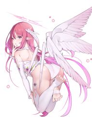 Rule 34 | 1girl, absurdres, ass, backless outfit, blush, crystal wings, detached sleeves, detached wings, feathered wings, feet, from behind, gradient hair, halo, heterochromia, highres, hololive, horns, irys (hololive), long hair, long sleeves, looking at viewer, midair, multicolored hair, nail polish, namiorii, panties, pointy ears, simple background, spread toes, star halo, thighhighs, toes, underwear, white background, white thighhighs, wings