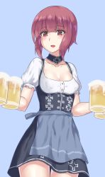 Rule 34 | 10s, 1girl, alcohol, apron, beer, beer mug, blue apron, breasts, brown eyes, brown hair, cleavage, cup, dirndl, dress, german clothes, highres, kantai collection, looking at viewer, mizuumi (bb), mug, oktoberfest, open mouth, short hair, small breasts, smile, solo, underbust, waist apron, z3 max schultz (kancolle)