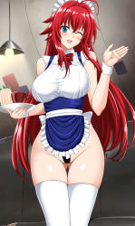 Rule 34 | 1girl, breasts, brown hair, clothed female nude male, heavy breathing, hellandheaven, hetero, high school dxd, highres, maid, nipples, nude, red hair, rias gremory, sitting, sitting on person, smile, solo, sweat, white legwear, yellow eyes