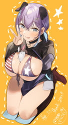 Rule 34 | 1girl, :p, animal ears, black choker, blue hair, blush, boots, breasts, brown footwear, choker, commission, cropped hoodie, dated, dog ears, full body, grey eyes, hand up, high heel boots, high heels, highres, hood, hoodie, huge breasts, ikuchan kaoru (character), indie virtual youtuber, knee boots, kuma daigorou, long sleeves, looking at viewer, low twintails, multicolored hair, purple hair, second-party source, seiza, signature, sitting, skeb commission, smile, solo, tongue, tongue out, twintails, two-tone hair, virtual youtuber, w, yellow background