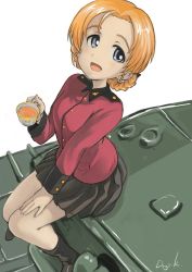 Rule 34 | 1girl, artist name, black ribbon, blue eyes, braid, churchill (tank), commentary, cup, girls und panzer, hair ribbon, hand on own thigh, highres, holding, holding cup, kuroneko douji, looking at viewer, military, military vehicle, motor vehicle, on vehicle, open mouth, orange hair, orange pekoe (girls und panzer), parted bangs, ribbon, short hair, sitting, smile, solo, st. gloriana&#039;s military uniform, tank, tea, teacup, twin braids, white background