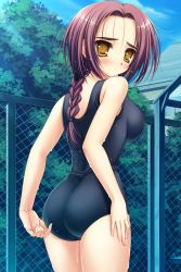 Rule 34 | 1girl, adjusting clothes, adjusting swimsuit, ass, braid, breasts, chain-link fence, female focus, fence, highres, houami fumiko, jpeg artifacts, large breasts, looking back, nature, norita, one-piece swimsuit, outdoors, sky, solo, swimsuit, utsurigi nanakoi tenkiame, wet