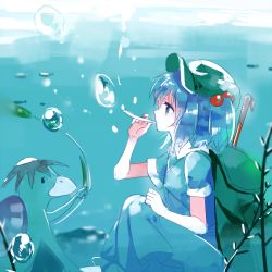 Rule 34 | 1girl, backpack, bad id, bad twitter id, bag, blue eyes, blue hair, bubble, gradient background, hair bobbles, hair ornament, hat, kappa, kawashiro nitori, nr (cmnrr), profile, shirt, short hair, short sleeves, sitting, skirt, skirt set, touhou, twintails, two side up, underwater, vest