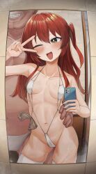Rule 34 | 1boy, 1girl, ;d, absurdres, blush, bocchi the rock!, breasts, cellphone, collarbone, female pubic hair, green eyes, hair between eyes, hetero, highres, holding, holding phone, kita ikuyo, long hair, looking at mirror, male underwear, mirror, money, navel, one eye closed, one side up, open mouth, phone, prostitution, pubic hair, r-man, red hair, slingshot swimsuit, small breasts, smartphone, smile, solo focus, standing, sweat, swimsuit, teeth, thighhighs, tile wall, tiles, topless male, underwear, v, white male underwear, white slingshot swimsuit, white thighhighs
