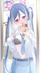 Rule 34 | 1girl, antenna hair, black bra, blue archive, blue hair, blue necktie, blue skirt, blush, bra, breasts, cellphone, collared shirt, fingernails, fubuki (blue archive), grey hair, halo, highres, holding, holding phone, kanikama acedia, long hair, long sleeves, looking at mirror, mirror, multicolored hair, navel, necktie, open clothes, open mouth, open shirt, phone, pink halo, red eyes, shirt, shirt tucked in, skirt, small breasts, smartphone, solo, underwear, white shirt