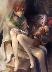 Rule 34 | 1boy, 1girl, bad id, bad pixiv id, barefoot, black gloves, black sleeves, breasts, brown eyes, brown hair, capelet, cleavage, couple, cyaca ab, detached sleeves, dress, fingerless gloves, fire emblem, fire emblem: radiant dawn, gloves, green eyes, hand on another&#039;s knee, headband, long dress, long hair, long sleeves, lying, medium breasts, mia (fire emblem), miniskirt, nintendo, on back, open mouth, orange skirt, purple hair, rhys, sitting, skirt, smile, white capelet, white dress