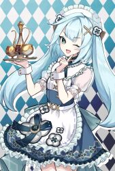 Rule 34 | 1girl, alternate costume, apron, aqua bow, aqua eyes, aqua hair, argyle, argyle background, argyle clothes, back bow, blue choker, bow, choker, commentary request, cowboy shot, enmaided, faruzan (cafe) (genshin impact), faruzan (genshin impact), genshin impact, hair ornament, hands up, highres, holding, holding tray, index finger raised, looking at viewer, maid, maid apron, maid headdress, mutumumu, official alternate costume, open mouth, puffy short sleeves, puffy sleeves, see-through, see-through sleeves, short sleeves, smile, solo, symbol-shaped pupils, tray, triangle-shaped pupils, wrist cuffs, x hair ornament