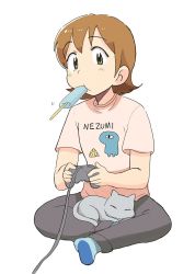 Rule 34 | 1girl, aioi yuuko, blush, brown eyes, brown hair, cat, closed mouth, controller, food, food in mouth, full body, game controller, looking at viewer, nichijou, pants, popsicle, popsicle in mouth, shirt, short hair, short sleeves, simple background, sitting, solo, sweatpants, t-shirt, tsubobot, white background