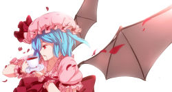 Rule 34 | 1girl, bad id, bad pixiv id, bat wings, blood, blood on face, blue hair, cup, dress, female focus, hat, kokoro6636, red eyes, remilia scarlet, short hair, solo, teacup, touhou, wings, wristband