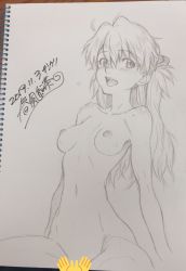 Rule 34 | 1girl, 2019, blush, breasts, censored, completely nude, dated, dbqp, hair ornament, highres, long hair, looking at viewer, neon genesis evangelion, nipples, nude, open mouth, photo (medium), simple background, smile, solo, souryuu asuka langley, thighs, traditional media, translation request, twintails, upper body