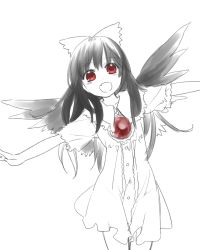 Rule 34 | 1girl, aged down, alternate costume, bird wings, black hair, black wings, bow, cowboy shot, dress, fang, hair bow, long hair, looking at viewer, monochrome, open mouth, outstretched arms, pine (pine-box), red eyes, reiuji utsuho, short sleeves, smile, solo, spot color, third eye, touhou, white dress, wings