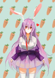 Rule 34 | 1girl, :3, animal ears, blazer, breasts, carrot, heart, heart-shaped pupils, jacket, large breasts, long hair, necktie, off shoulder, orokanahime, pleated skirt, purple hair, rabbit ears, red eyes, reisen udongein inaba, skirt, solo, symbol-shaped pupils, thighhighs, touhou, very long hair, white thighhighs, zettai ryouiki