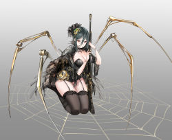 Rule 34 | 1girl, absurdres, arthropod girl, black garter straps, black leotard, black thighhighs, breasts, cleavage, full body, garter straps, green hair, grey background, gun, hair between eyes, hair ornament, highres, holding, holding gun, holding weapon, insect girl, large breasts, leotard, lillly, looking at viewer, mechanical arms, original, red eyes, seiza, silk, simple background, sitting, solo, spider girl, spider web, thighhighs, thighs, weapon