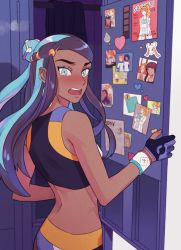 Rule 34 | 1girl, bike shorts, black hair, blue eyes, blue eyeshadow, blue hair, blush, chatea, chewtle, commentary, creatures (company), dark-skinned female, dark skin, dynamax band, embarrassed, eyelashes, eyeshadow, game freak, gen 3 pokemon, gen 8 pokemon, gloves, gym leader, hair bun, highres, locker, long hair, looking to the side, makeup, milotic, multicolored hair, nessa (pokemon), nintendo, open mouth, partially fingerless gloves, photo (object), pokemon, pokemon: twilight wings, pokemon (anime), pokemon (creature), pokemon journeys, pokemon swsh, pokemon swsh043, single hair bun, solo, sonia (pokemon), symbol-only commentary, tearing up, teeth, tongue, two-tone hair, yamper, yuri
