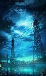 Rule 34 | absurdres, aqua theme, bug, cloud, firefly, grass, highres, hill, insect, meteor shower, night, night sky, no humans, original, outdoors, reflection, reflective water, scenery, shooting star, sky, skyrick9413, star (sky), starry sky, transmission tower, tree, water
