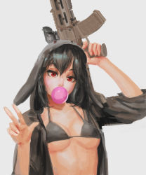 Rule 34 | 1girl, adaptive combat rifle, animal hood, assault rifle, bad id, bad pixiv id, bikini, black hair, breasts, blowing bubbles, character request, chewing gum, darth wooser, doyora, fn scar, gun, highres, hood, hoodie, looking at viewer, medium breasts, nose, open clothes, open hoodie, original, red eyes, rifle, solo, strap gap, swimsuit, underboob, upper body, v, weapon