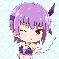 Rule 34 | 1girl, ayane (doa), bikini, blush, breasts, chibi, cleavage, criss-cross halter, dead or alive, dead or alive xtreme venus vacation, halterneck, hand on own hip, headband, large breasts, looking at viewer, lowres, navel, official art, one eye closed, patterned background, purple hair, red eyes, smile, standing, swimsuit, tecmo, upper body, wave print, wink