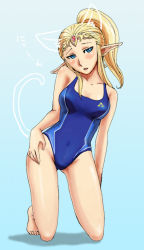 Rule 34 | 1girl, :o, alternate costume, alternate hairstyle, animal ears, arm at side, barefoot, blonde hair, blue background, blue one-piece swimsuit, blush, breasts, cat ears, cat tail, circlet, collarbone, competition swimsuit, covered navel, drawing, earrings, embarrassed, emblem, fake animal ears, fake tail, feet, full body, gem, goma tonbi, gradient background, groin, hair up, hand on own hip, head tilt, high ponytail, highleg, highleg swimsuit, jewelry, kemonomimi mode, kneeling, leaning to the side, long hair, long pointy ears, looking at viewer, medium breasts, nintendo, one-piece swimsuit, open mouth, pointy ears, princess zelda, raised eyebrows, red gemstone, shadow, sidelocks, solo, swimsuit, tail, the legend of zelda, the legend of zelda: ocarina of time, tiara, tiptoes, triforce
