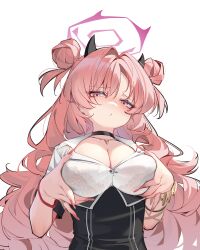 Rule 34 | 1girl, black choker, black skirt, blue archive, blush, breasts, choker, cleavage, closed mouth, collarbone, collared shirt, double bun, fake horns, hair bun, halo, highres, horns, kirara (blue archive), large breasts, long hair, looking at viewer, painterliuhao, pink eyes, pink hair, pink halo, shirt, simple background, skirt, solo, white background, white shirt