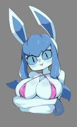 Rule 34 | 1girl, :3, animal ears, arms under breasts, bare shoulders, black eyes, blue hair, blue sclera, blue skin, blush, breasts, cleavage, collarbone, colored sclera, colored skin, covered erect nipples, creatures (company), crossed arms, female focus, furry, furry female, game freak, gen 4 pokemon, glaceon, grey background, happy, large breasts, light blush, long hair, looking at viewer, nintendo, one-piece swimsuit, open mouth, personification, pink one-piece swimsuit, pokemon, pokemon (creature), sakurai energy, shiny skin, simple background, slit pupils, smile, solo, swimsuit, twintails, upper body