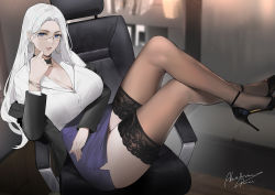 Rule 34 | 1girl, alios arvin, black jacket, blue eyes, blue skirt, breasts, chair, choker, cleavage, collared shirt, dress shirt, glasses, high heels, jacket, large breasts, long hair, long sleeves, looking at viewer, off shoulder, office chair, open clothes, open jacket, original, parted bangs, pencil skirt, shirt, sitting, skirt, solo, swivel chair, thighhighs, white hair, white shirt