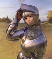 Rule 34 | 1girl, absurdres, armor, bad id, bad pixiv id, breastplate, chainmail, commentary, couter, female knight, gauntlets, grasslands, green eyes, helmet, highres, knight, looking at viewer, medieval, original, plate armor, shoulder armor, signature, smile, solo, tree, visor (armor), visor lift, wass nonnam