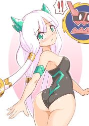 Rule 34 | 1girl, aqua eyes, ass, bare shoulders, blush, breasts, cougar (cougar1404), dragon: marked for death, from behind, hair ornament, horns, leotard, long hair, looking at viewer, looking back, oracle (dmfd), shiny clothes, shiny skin, sideboob, solo, very long hair, wedgie, white hair