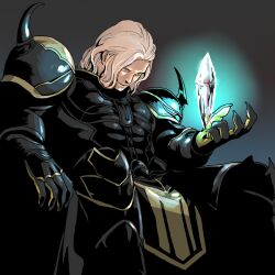 Rule 34 | 1boy, 4100, armor, black armor, cape, crystal, dim lighting, evil smile, final fantasy, final fantasy iv, glowing crystal, golbez, grey background, holding, holding crystal, long hair, looking ahead, male focus, no headwear, red eyes, sitting, smile, solo, white hair