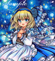 Rule 34 | 1girl, :d, adapted costume, alice margatroid, alice margatroid (pc-98), apron, blonde hair, blue background, blue dress, blue eyes, blue flower, blue hairband, blue ribbon, blue rose, blush, book, cowboy shot, dress, finger to mouth, flower, frilled apron, frilled dress, frills, hair flower, hair ornament, hairband, hand up, holding, holding book, long sleeves, looking at viewer, marker (medium), medium hair, open mouth, petals, ribbon, rose, rui (sugar3), sample watermark, smile, solo, sparkle, standing, touhou, touhou (pc-98), traditional media, watermark, white apron