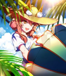 Rule 34 | 10s, 1girl, :d, animal ears, cloud, day, ears through headwear, fate/extra, fate/grand order, fate (series), fox ears, hat, long hair, open mouth, parasol, pink hair, shirt, sky, smile, solo, sun, sun hat, sweat, tamamo (fate), tamamo no mae (fate/extra), tamamo no mae (swimsuit lancer) (fate), tamamo no mae (swimsuit lancer) (first ascension) (fate), umbrella, upper body, wingtemple, yellow eyes