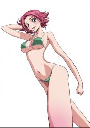 Rule 34 | 00s, 1girl, :d, alternate costume, arm behind head, arm up, armpits, bikini, blue eyes, blush, body blush, breasts, cleavage, clenched hand, code geass, covered erect nipples, cowboy shot, female focus, flipped hair, foreshortening, from side, green bikini, groin, kouzuki kallen, kimura takahiro, large breasts, long legs, looking at viewer, narrow waist, navel, official art, open mouth, red hair, short hair, sideboob, simple background, smile, solo, standing, string bikini, swimsuit, third-party edit, underboob, walking, white background