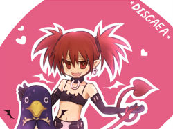 Rule 34 | bad id, bad pixiv id, bird, copyright name, demon girl, demon tail, disgaea, earrings, etna (disgaea), fang, jewelry, midriff, navel, penguin, pointy ears, prinny, red eyes, red hair, skull, smile, solo, tail, umeume