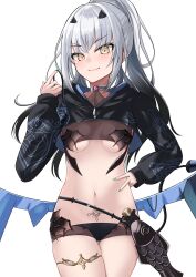 Rule 34 | 1girl, absurdres, bikini, black bikini, black jacket, bottle, breasts, cropped jacket, dragon wings, fate/grand order, fate (series), fish bottle, forked eyebrows, high ponytail, highres, jacket, long hair, long sleeves, looking at viewer, mask, melusine (fate), melusine (swimsuit ruler) (fate), melusine (swimsuit ruler) (first ascension) (fate), mouth mask, navel, nigori (keydoor), pubic tattoo, shrug (clothing), sidelocks, small breasts, smile, solo, swimsuit, tail, tattoo, thighlet, thighs, white hair, wings, yellow eyes