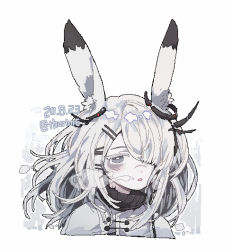 Rule 34 | 1girl, animal ears, arknights, breath, dated, ear ornament, frostnova (arknights), grey eyes, grey hair, grey jacket, hair ornament, hair over one eye, hairclip, jacket, jaggy lines, long hair, one eye covered, parted lips, portrait, rabbit ears, rabbit girl, scar, scar on face, scar on nose, simple background, solo, thurim6, twitter username, white background
