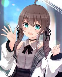 Rule 34 | 1girl, :d, ahoge, bare shoulders, black ribbon, black skirt, blurry, blurry background, blush, braid, brown hair, brown shirt, clothing cutout, collared shirt, commentary request, depth of field, green eyes, hair between eyes, hair ribbon, hands up, hololive, hot kakigoori, jacket, long hair, long sleeves, looking at viewer, natsuiro matsuri, natsuiro matsuri (casual), off shoulder, open clothes, open jacket, open mouth, plaid, pleated skirt, ribbon, shirt, shoulder cutout, skirt, sleeves past wrists, smile, solo, twintails, virtual youtuber, white jacket