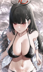 Rule 34 | 1girl, bikini, black bikini, black hair, black nails, blue archive, blunt bangs, breasts, collarbone, hair ornament, hairclip, halo, highres, large breasts, long hair, looking at viewer, navel, parted lips, partially submerged, red eyes, rio (blue archive), solo, stomach, swimsuit, very long hair, water, wet, wet hair, yamikyon