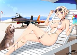 Rule 34 | 1girl, ace combat, ace combat 7, aircraft, airplane, bare shoulders, barefoot, blonde hair, blue eyes, blush, braid, breasts, character request, choker, cocktail, cocktail glass, collarbone, crossed legs, cup, drinking glass, earrings, female focus, fighter jet, jet, jewelry, jpeg dog, lens flare, looking at viewer, lying, medium breasts, military, military vehicle, navel, on back, outdoors, ppshex, rosa cossette d&#039;elise, see-through, shiny skin, short hair, sunglasses, swimsuit, toenails, toes, vehicle request