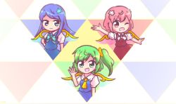 Rule 34 | 3girls, ahoge, ascot, blue eyes, blue hair, blue skirt, blue vest, blush stickers, bow, bowtie, collared shirt, commentary, daiyousei, daiyousei mob (touhou), fairy wings, flower, geometric pattern, green eyes, green hair, hair bow, hair flower, hair ornament, long hair, looking at viewer, multiple girls, pink eyes, pink hair, red skirt, red vest, shirt, short hair, side ponytail, skirt, skirt set, snosqu, touhou, triangle, vest, waving, wings