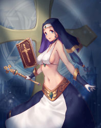Rule 34 | 1girl, absurdres, blue eyes, blue hair, book, bracer, breasts, cross, gloves, habit, highres, holding, large breasts, long hair, looking at viewer, low-tied long hair, midriff, navel, original, parted lips, scepter, sideboob, sidelocks, sola.h, solo, standing, white gloves, wimple