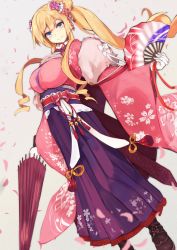 Rule 34 | 1girl, alternate costume, alternate hairstyle, azur lane, blonde hair, blue eyes, breasts, brown footwear, cherry blossoms, cross-laced footwear, floral print, flower, folding fan, full body, gloves, grey background, hair flower, hair ornament, hand fan, highres, japanese clothes, kimono, kongou (azur lane), kongou (the beauties of nature) (azur lane), large breasts, long hair, long skirt, long sleeves, looking at viewer, marshall k, obi, oil-paper umbrella, petals, pink kimono, purple neckwear, sash, side ponytail, simple background, skirt, smile, solo, standing, umbrella, white gloves, wide sleeves