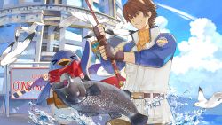 Rule 34 | &gt; &lt;, 1boy, absurdres, belt, bird, blue jacket, brown eyes, brown hair, cloud, commentary, cowboy shot, cumulonimbus cloud, day, eiyuu densetsu, english commentary, falcom, fingerless gloves, fish, fishing, fishing rod, gloves, grin, highres, holding, holding fishing rod, in-universe location, jacket, kyotyan, lloyd bannings, multicolored clothes, multicolored jacket, prinny, raglan sleeves, red scarf, scarf, seagull, second-party source, short hair, sky, smile, sweater, turtleneck, turtleneck sweater, two-tone jacket, water, white jacket, zero no kiseki