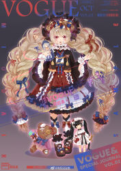 Rule 34 | 1girl, absurdres, anklet, asymmetrical footwear, asymmetrical legwear, asymmetrical skirt, barcode, bear hair ornament, black hairband, black jacket, black sleeves, blonde hair, blue bow, blue ribbon, blunt bangs, bow, bow legwear, bow skirt, braid, brown footwear, candy, center frills, chinese commentary, closed mouth, commentary request, cover, cross-laced footwear, cross hair ornament, dated, doll, dress, dress bow, eyelashes, fake magazine cover, food, footwear bow, frilled dress, frilled hairband, frilled skirt, frilled sleeves, frilled socks, frills, full body, gradient background, grey background, hair bow, hair ornament, hair ribbon, hairband, highres, holding, holding doll, holding string, jacket, jewelry, kneehighs, lipstick, lolita fashion, lolita hairband, lollipop, long hair, long sleeves, magazine cover, makeup, mary janes, medium dress, mioda xi, mismatched footwear, mismatched legwear, multiple hair bows, open clothes, open jacket, original, red bow, red eyes, red lips, red ribbon, red skirt, ribbon, sample watermark, shoes, simple background, skirt, smile, socks, solo, star (symbol), stitched mouth, stitches, straight-on, string, string of fate, striped bow, stuffed animal, stuffed toy, tassel, teddy bear, twin braids, twintails, two-tone bow, very long hair, vogue (magazine), watermark, weibo logo, weibo username, white dress, white socks, white wrist cuffs, wide sleeves, wrist cuffs