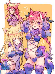 Rule 34 | 3boys, androgynous, animal ears, astolfo (fate), bad id, bad pixiv id, blonde hair, blush, braid, chevalier d&#039;eon (fate), chibi, cosplay, costume switch, fate/apocrypha, fate/grand order, fate (series), gloves, hair ribbon, halloween costume, long hair, looking at viewer, mash kyrielight, mash kyrielight (dangerous beast), mash kyrielight (dangerous beast) (cosplay), multiple boys, navel, official alternate costume, open mouth, orange hair, pink hair, ponytail, purple gloves, purple legwear, rama (fate), ribbon, shielder (fate/grand order) (cosplay), single braid, smile, tail, trap, wanko (takohati8), wolf ears, wolf tail