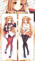 Rule 34 | 1girl, asuna (sao), bad id, bad pixiv id, bed sheet, billie (meng gong fang), black pantyhose, blush, boots, brown eyes, brown hair, collarbone, dakimakura (medium), from above, full body, highres, long hair, looking at viewer, lying, miniskirt, multiple views, no shoes, on back, one side up, orange skirt, panties, panties under pantyhose, pants, pantyhose, red pants, shiny clothes, shirt, skirt, smile, sword art online, underwear, very long hair, white shirt