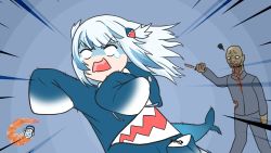 Rule 34 | 1girl, 1other, animal hood, artist logo, blue background, blue hair, blue hoodie, crying, crying with eyes open, fins, fish tail, gawr gura, grey hair, hair ornament, hands in sleeves, highres, holding, holding knife, hololive, hololive english, holomyth, hood, hoodie, knife, multicolored hair, no pupils, open mouth, otaku cheng, pocket, running, shark girl, shark hair ornament, shark hood, shark hoodie, shark tail, signature, simple background, solo focus, streaked hair, tail, tears, twitter username, two-tone hair, two side up, virtual youtuber, zombie