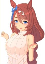 Rule 34 | 1girl, 2-butani, absurdres, alternate costume, animal ears, bare shoulders, blue bow, blue eyes, bow, braid, braided ponytail, breasts, brown hair, clenched hands, commentary request, ear bow, hair bow, highres, horse ears, horse girl, large breasts, long hair, looking at viewer, meme attire, open mouth, simple background, solo, super creek (umamusume), sweat, sweater, turtleneck, turtleneck sweater, umamusume, upper body, virgin killer sweater, white background, white sweater